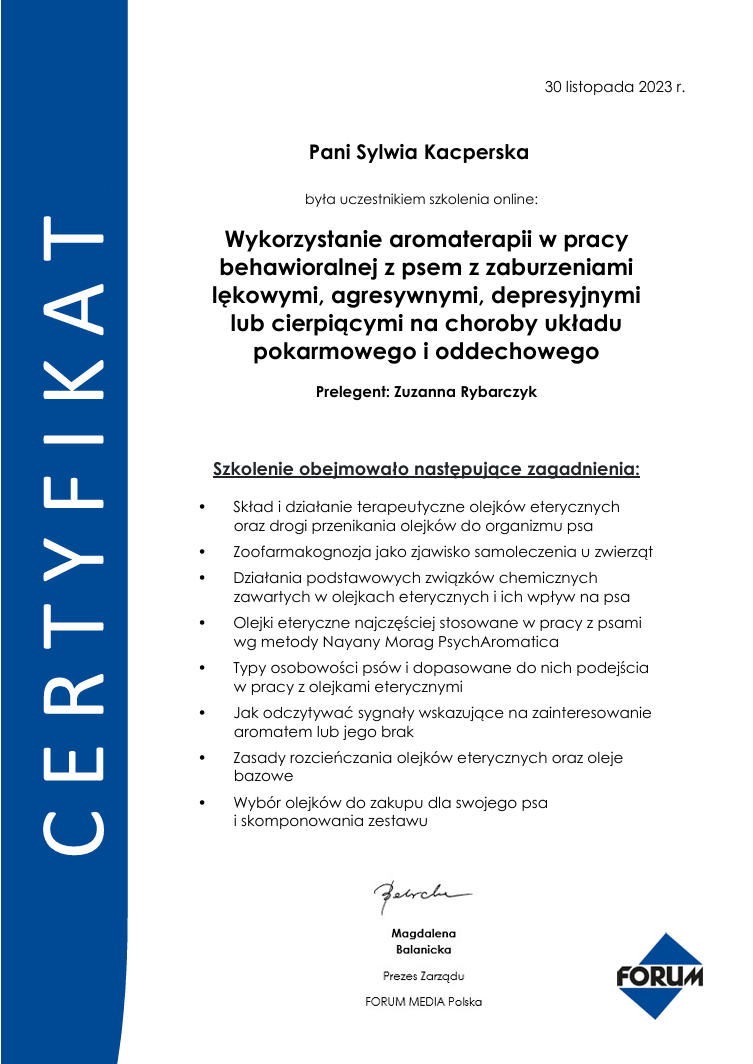 Pet School - Wykorzystanie aromaterapii w pracy behawioralnej z psem z zaburzeniami lękowymi, agresywnymi, depresyjnymi lub cierpiącymi na choroby układu pokarmowego i oddechowego